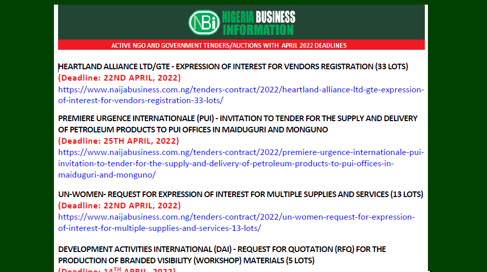 Tenders And Contracts Info - April 2022